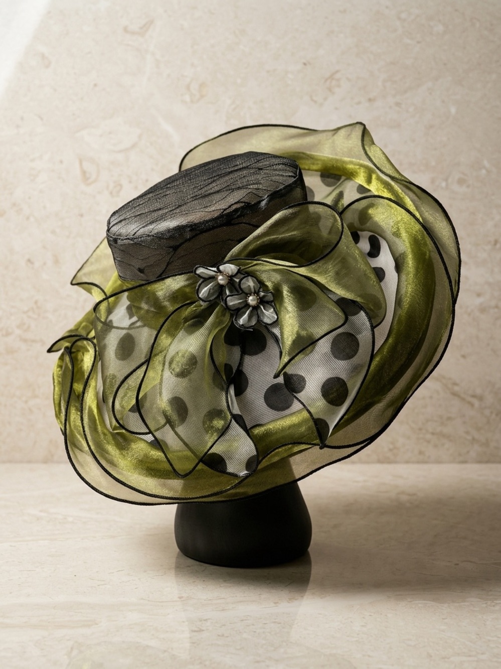Elegant Olive Green and Black White Polka Dot Organza Derby Wide-Brim Hat